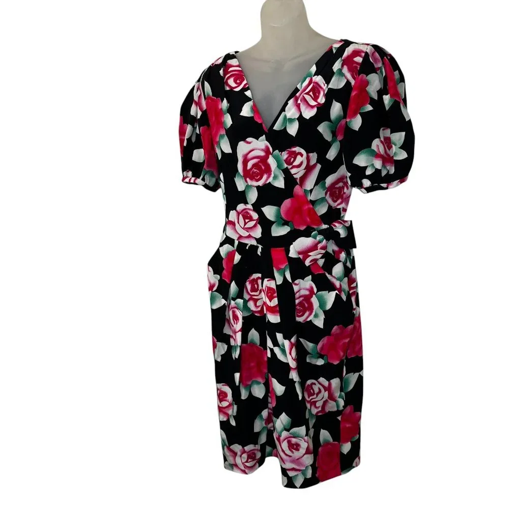 Vintage Nipon Boutique Silk Dress 8 Black Airbrushed‎ Roses Side Bow Wrap Look